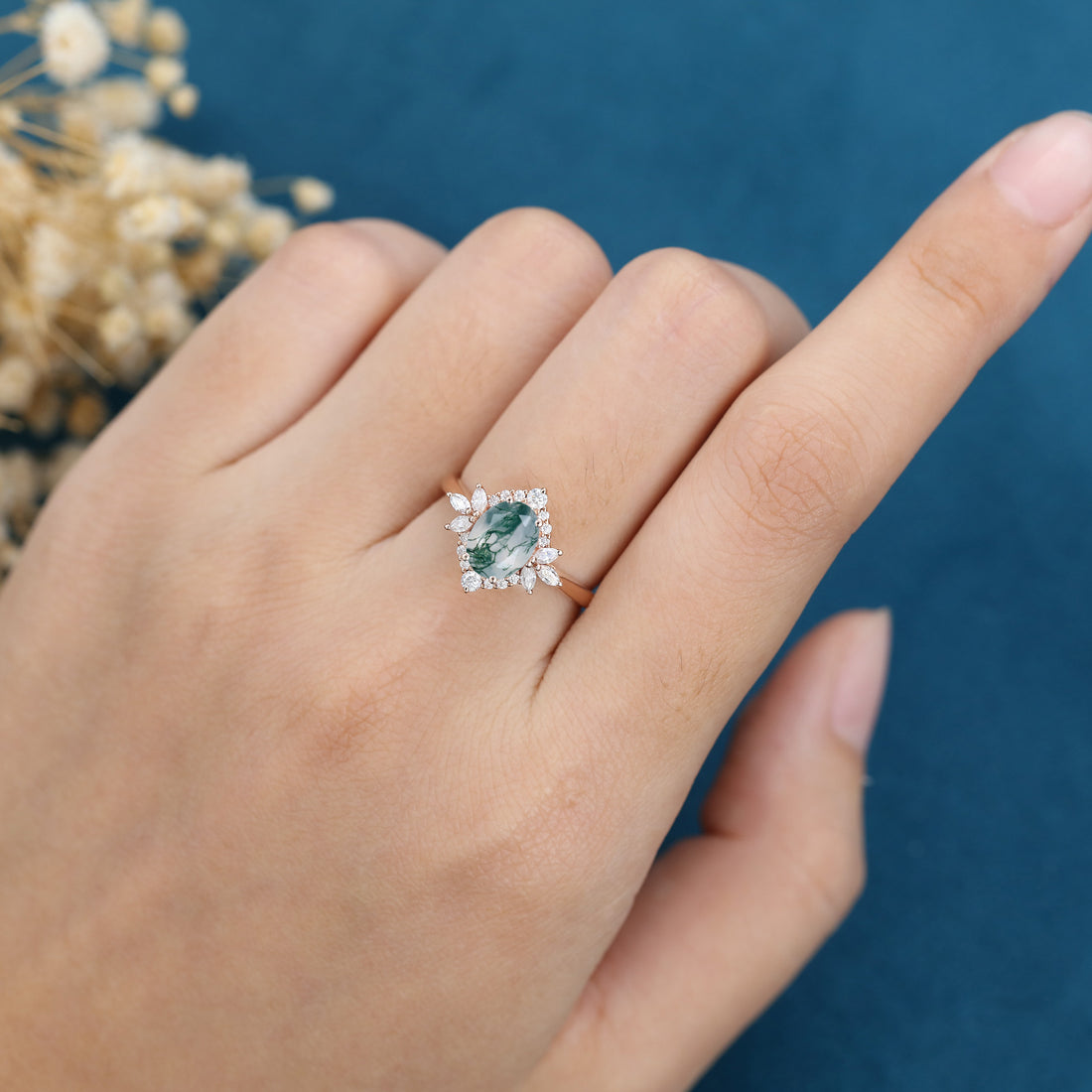 Oval Cut Natural Green Moss Agate Cluster Engagement Ring