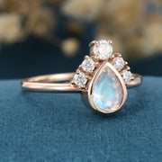 Bezel setting Pear cut Moonstone Halo Moissanite | Diamonds Gold Engagement Ring