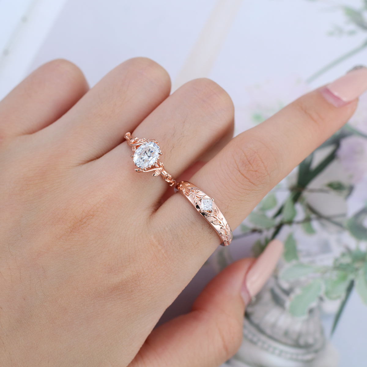 Nature Inspired Moissanite Couple Rings | D Color VVS1 | Rose Gold Leaf Wedding Bridal Set