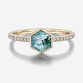 Bezel setting Hexagon cut Moss Agate Half Eternity Gold Engagement Ring