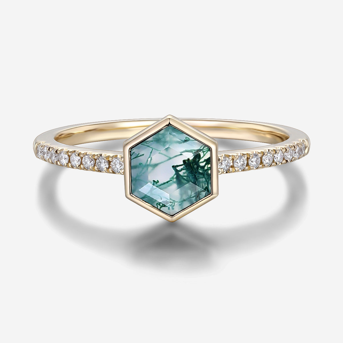 Bezel setting Hexagon cut Moss Agate Half Eternity Gold Engagement Ring