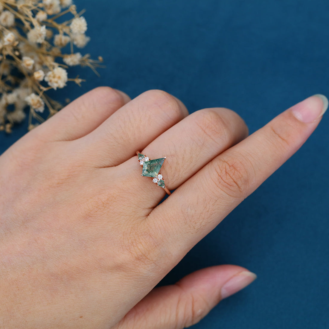 Kite cut Moss Agate Solid Gold Engagement Ring