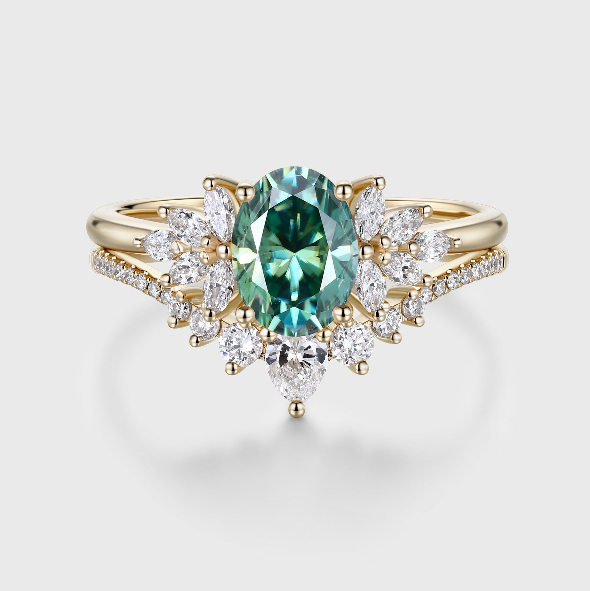 1.5Carat Oval cut Green Moissanite Engagement ring Bridal Set