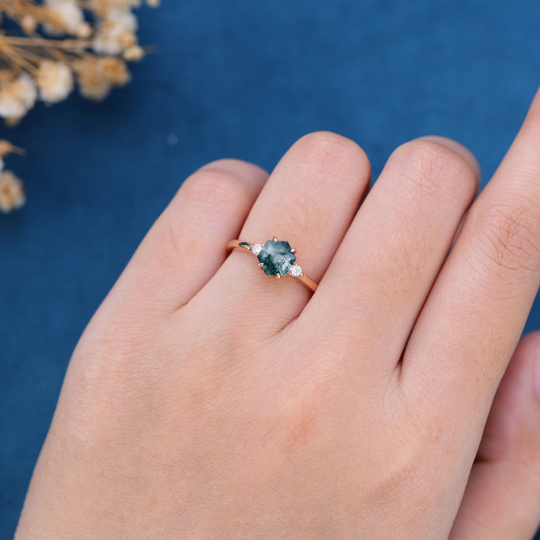 Hexagon Cut Natural Green Moss Agate Cluster Engagement Ring