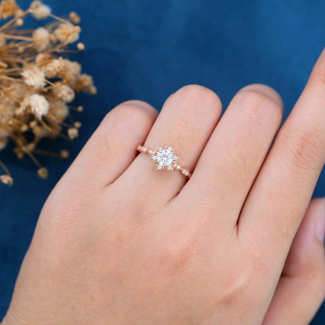 Round cut Moissanite Rose gold Flower Engagement Ring