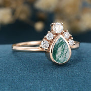 Bezel setting Pear cut Moss Agate Halo Moissanite | Diamonds Gold Engagement Ring