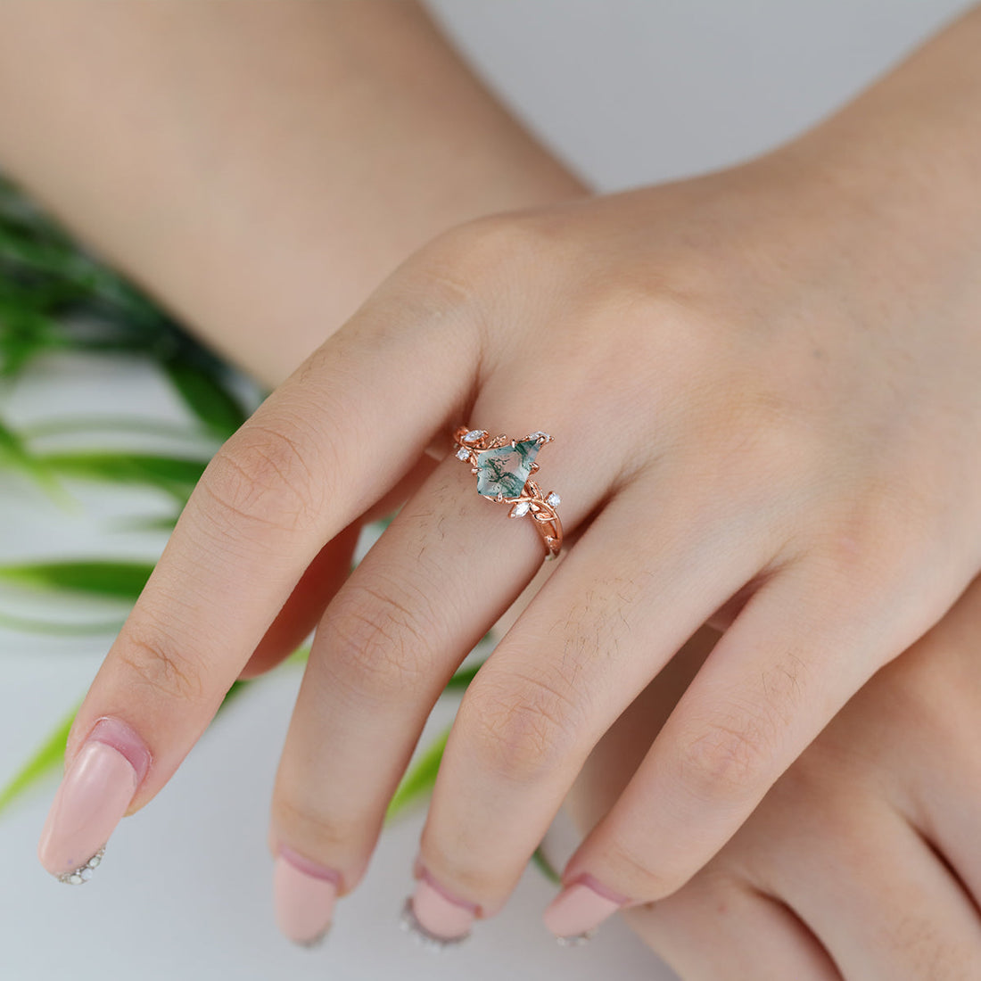Nature Inspired Kite cut Moss Agate Leaf Gold Engagement Ring