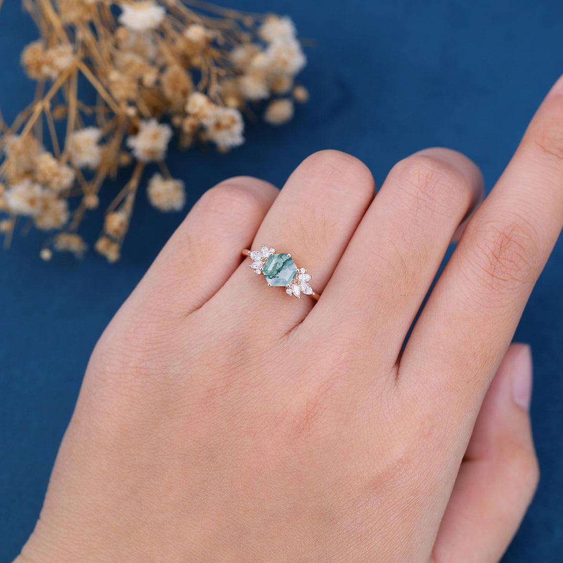 Hexagon Cut Natural Green Moss Agate Cluster Engagement Ring