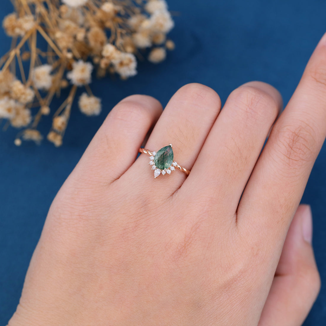 Pear Cut Natural Green Moss Agate Cluster Engagement Ring