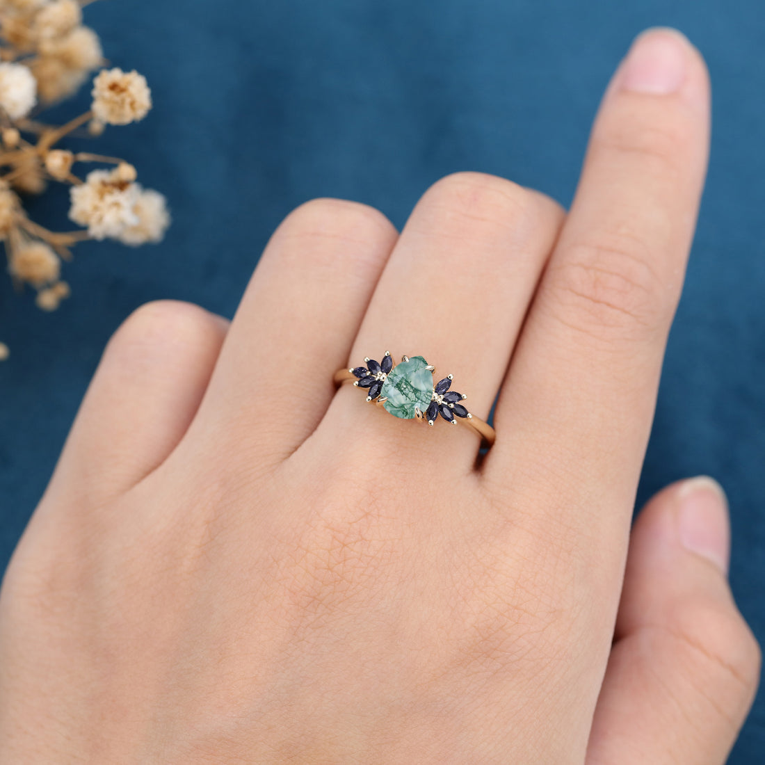 Pear Cut Natural Green Moss Agate Cluster Engagement Ring