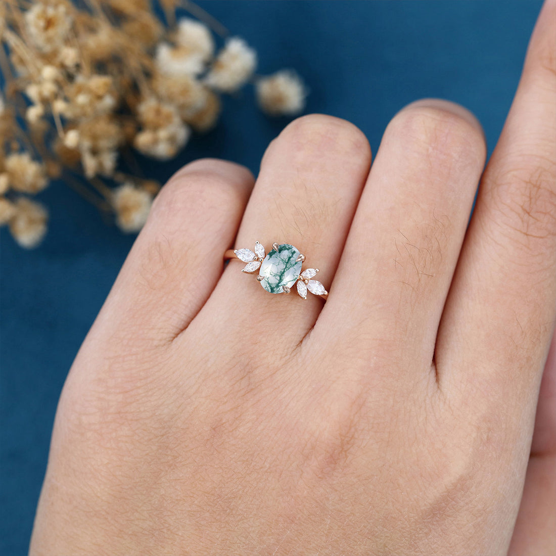 1.5ct Oval cut Moss Agate Engagement Ring