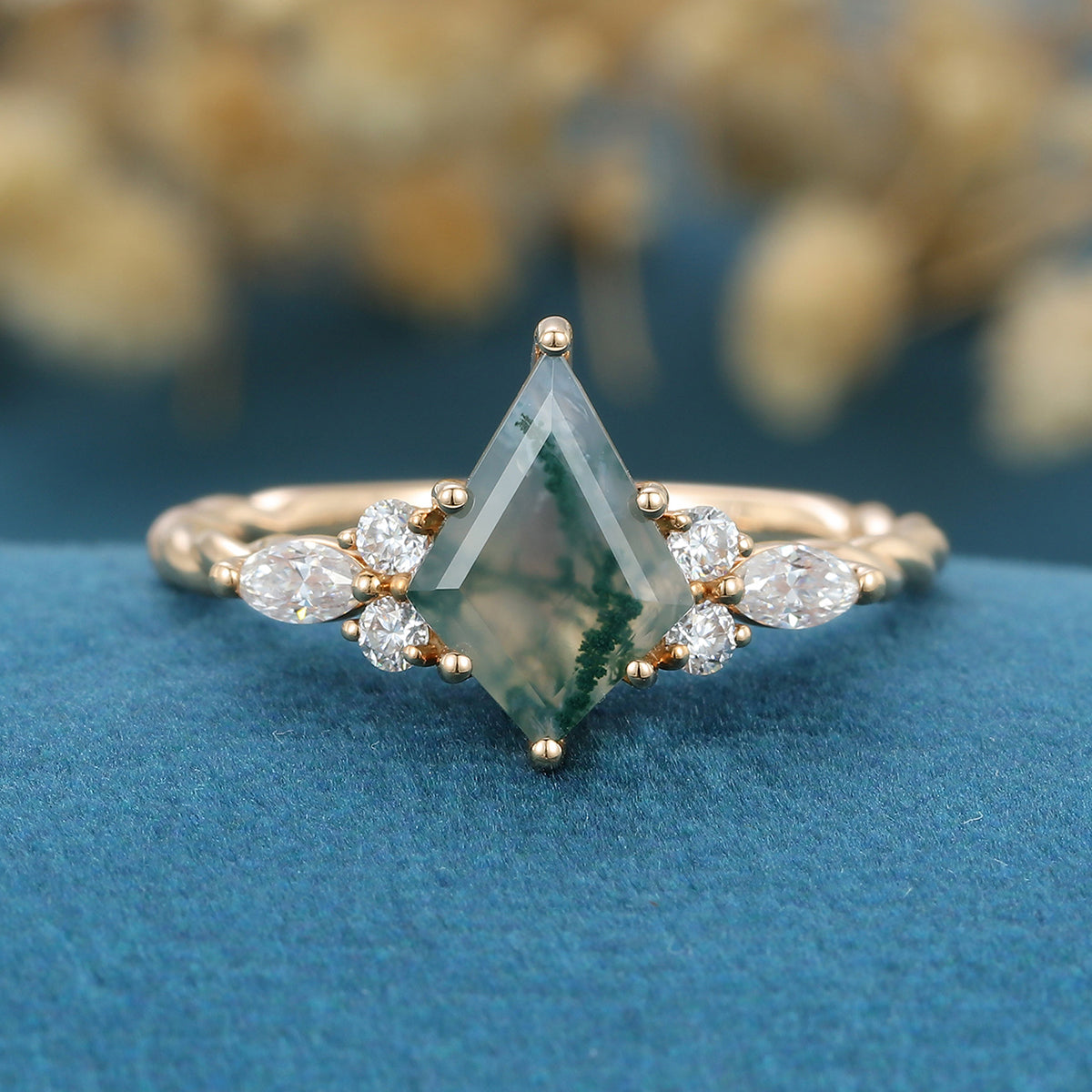 1.4Carat Kite Cut Natural Green Moss Agate Cluster Engagement Ring