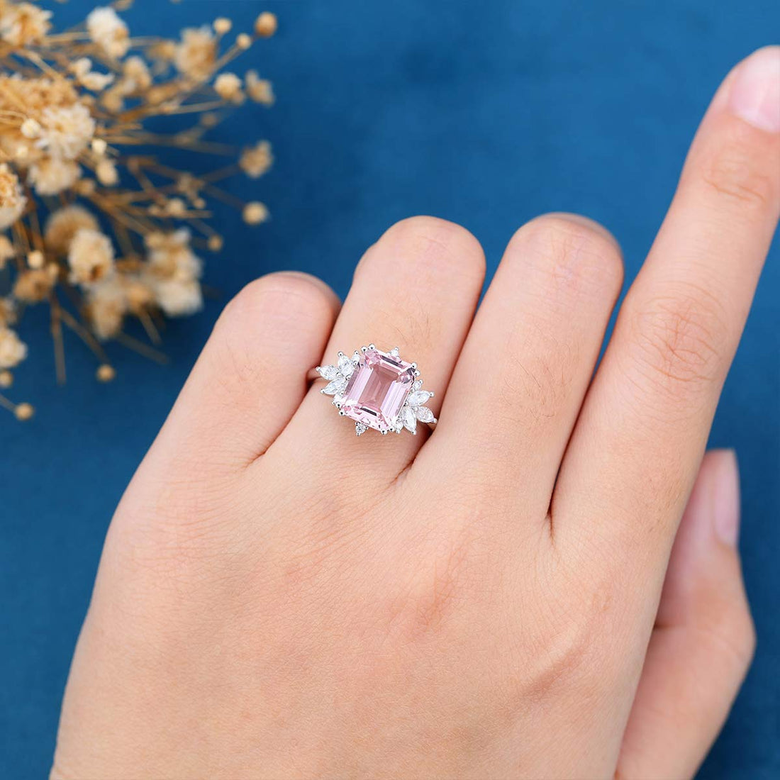 Emerald Cut Morganite Cluster Engagement Ring