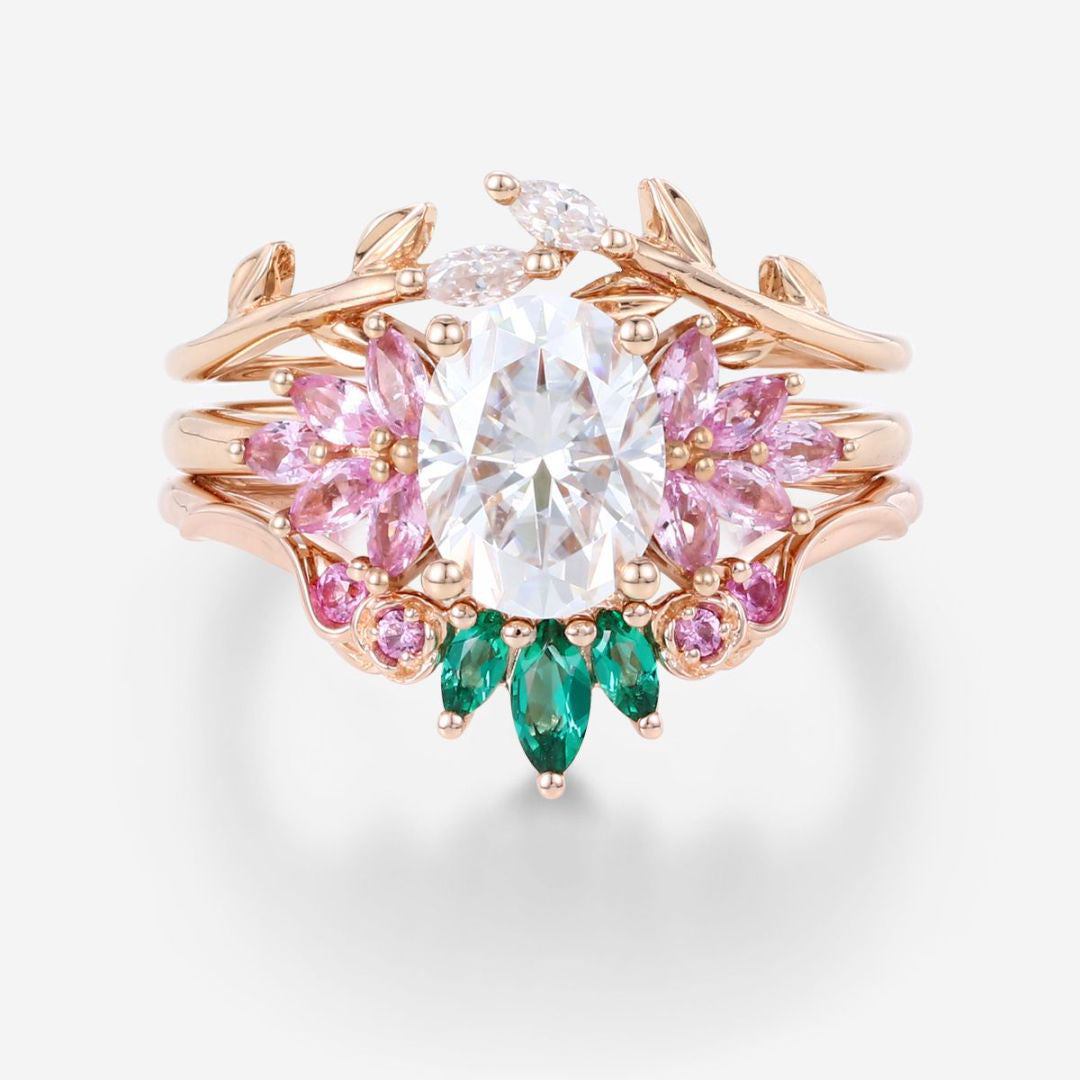 Oval cut Moissanite Matching Diamonds | Lab Grown Emerald |  Natural Pink Sapphires  Rose Gold Wedding Bridal Set