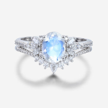 1.5 Carat Oval cut Moonstone Cluster Engagement ring Bridal Set