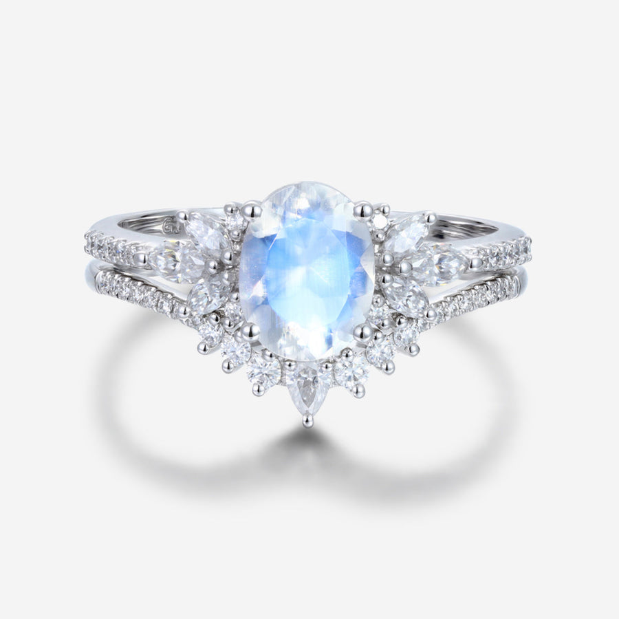 1.5 Carat Oval cut Moonstone Cluster Engagement ring Bridal Set