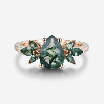 Natural Green Moss Agate pear cut cluster Engagement Ring