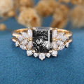 Emerald cut Black Rutilated Quartz Engagement ring Bridal Set