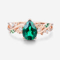 Pear cut Lab Emerald Leaf Twig Engagement Ring Leaf Branch Moss Agate ring