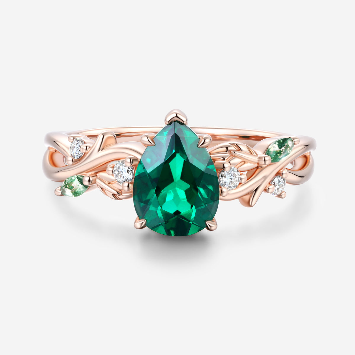 Pear cut Lab Emerald Leaf Twig Engagement Ring Leaf Branch Moss Agate ring