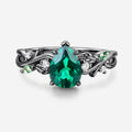 Pear cut Lab Emerald Leaf Twig Engagement Ring Leaf Branch Moss Agate ring