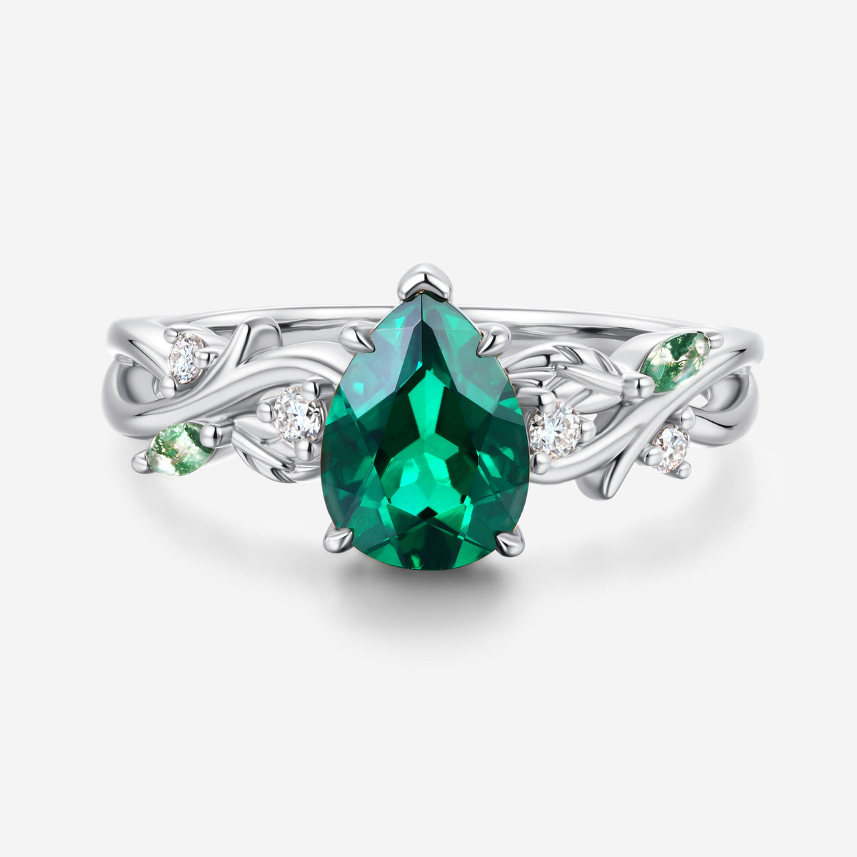 Pear cut Lab Emerald Leaf Twig Engagement Ring Leaf Branch Moss Agate ring