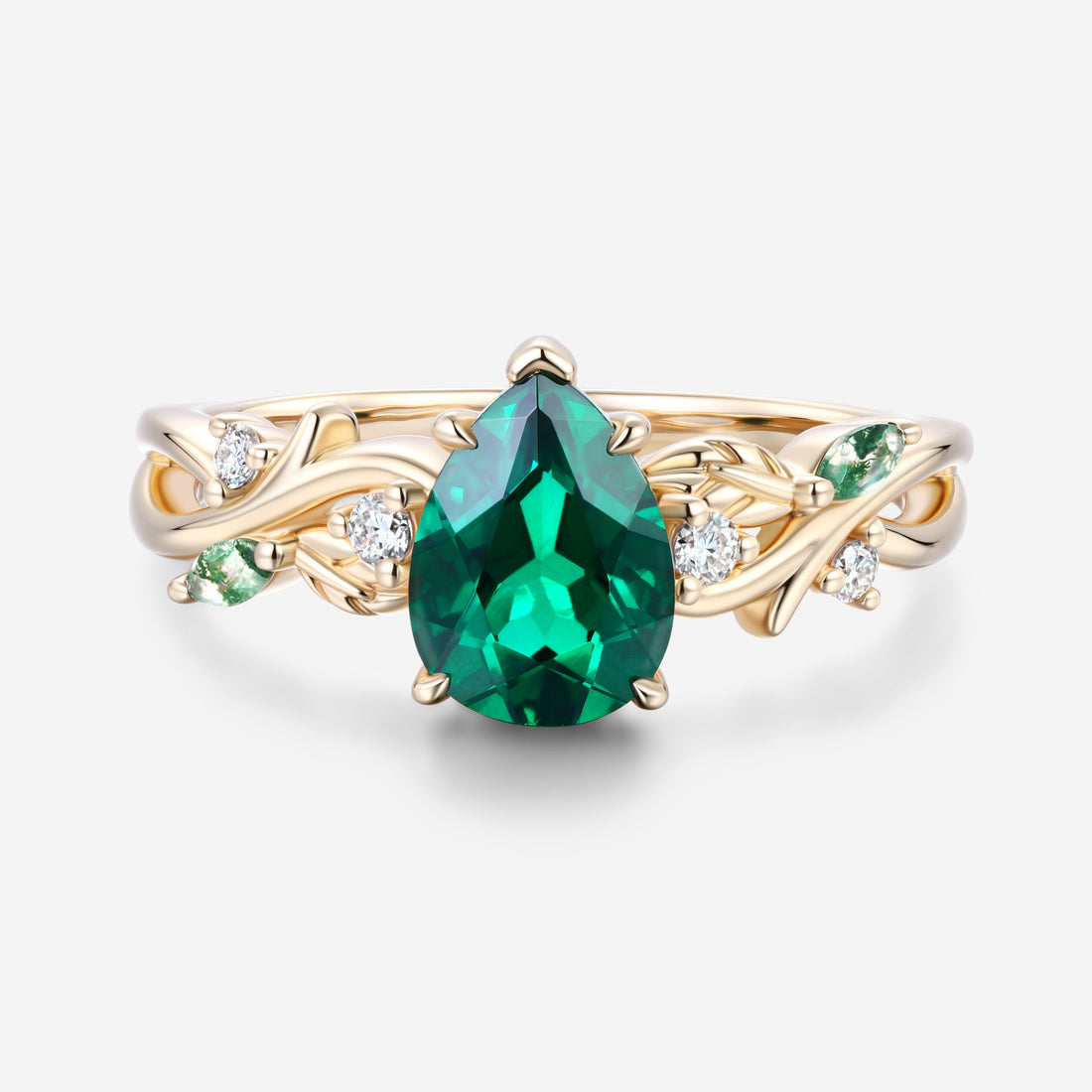 Pear cut Lab Emerald Leaf Twig Engagement Ring Leaf Branch Moss Agate ring
