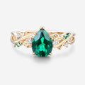 Pear cut Lab Emerald Leaf Twig Engagement Ring Leaf Branch Moss Agate ring