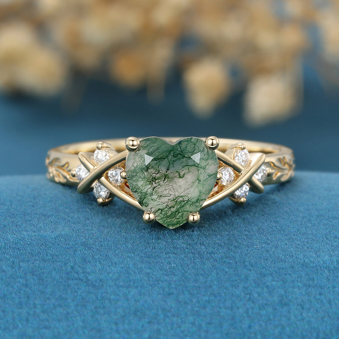 Heart cut Moss Agate Engagement ring