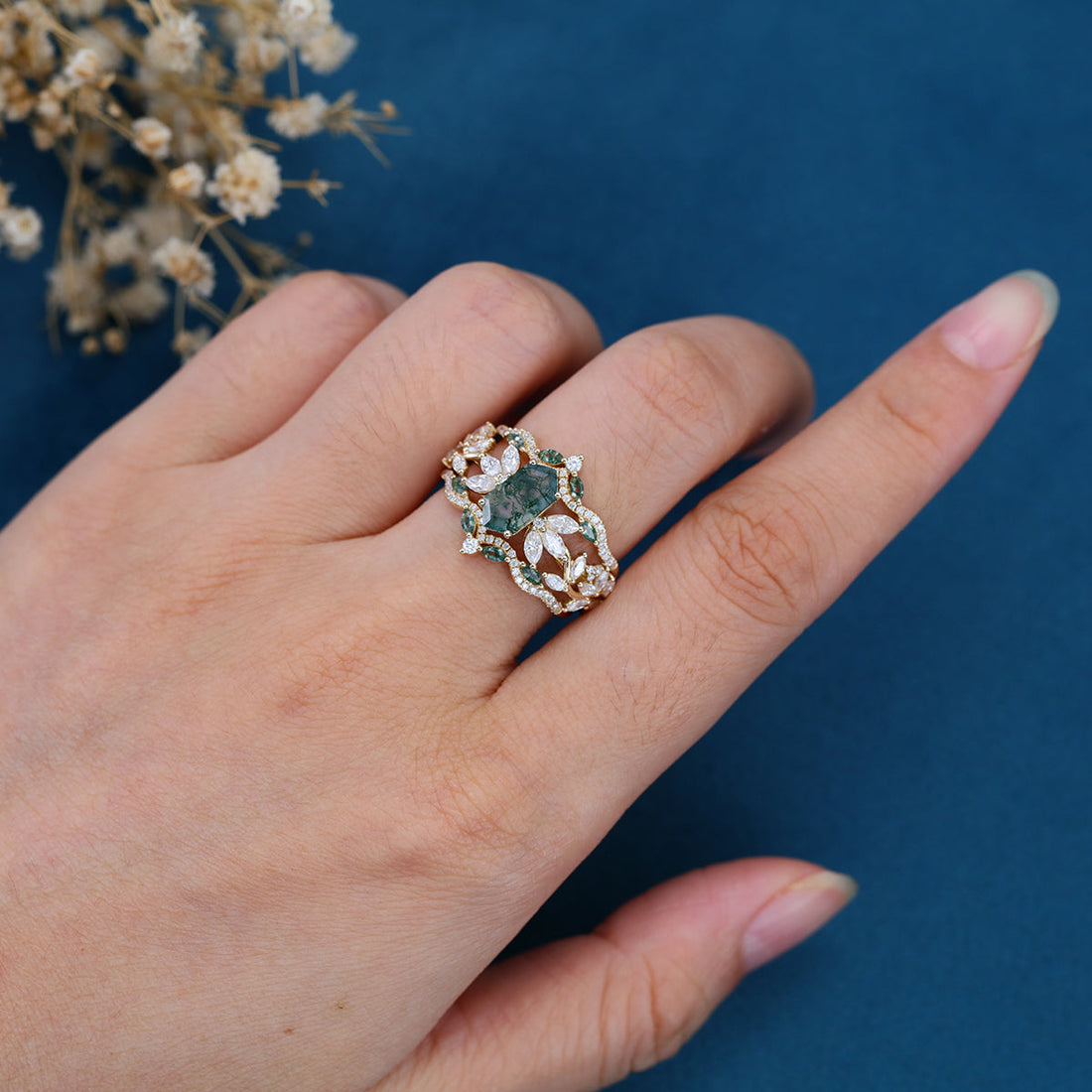 Long Hexagon cut Moss Agate Gold Wedding Bridal Set