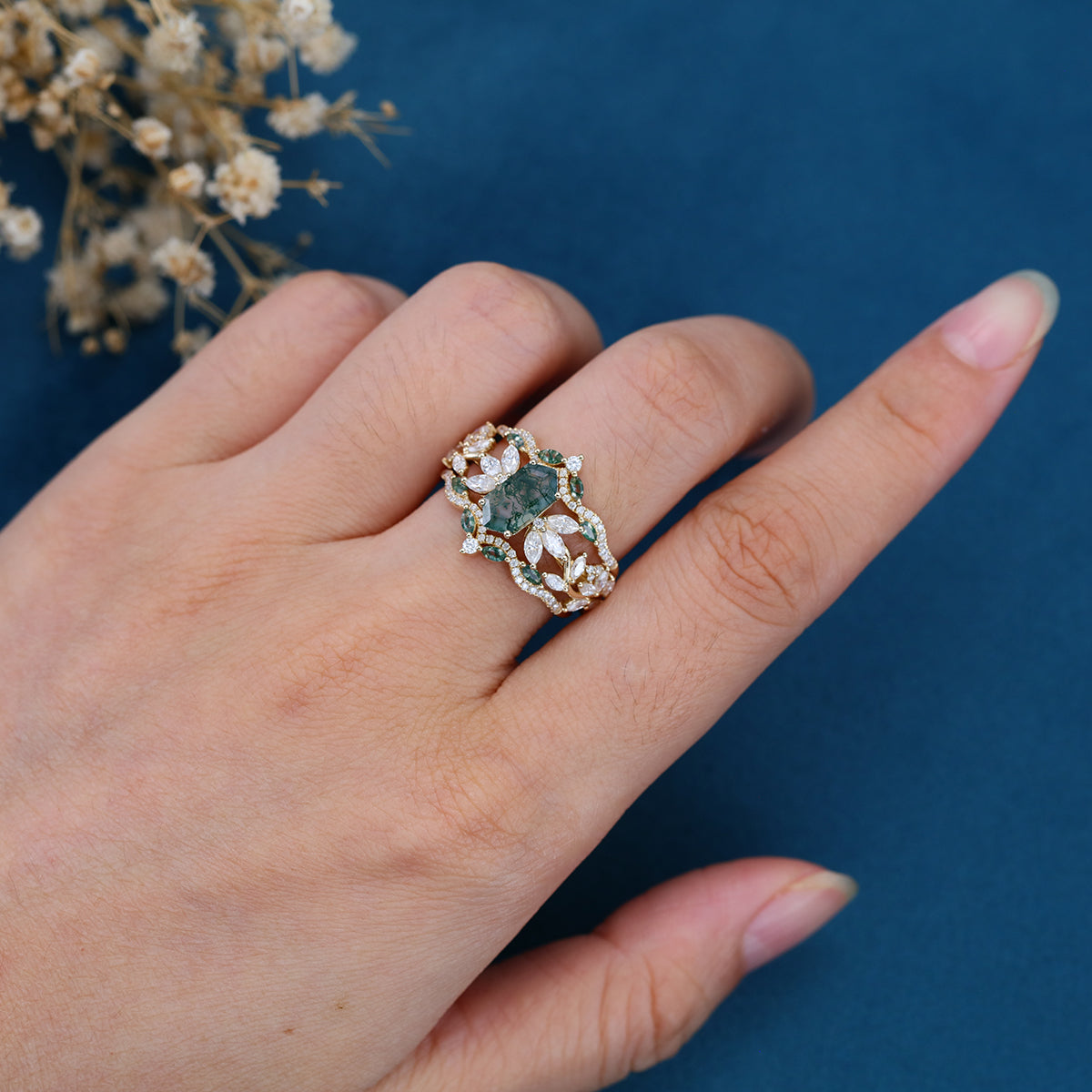 Long Hexagon cut Moss Agate Gold Wedding Bridal Set