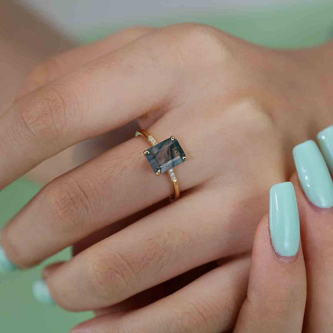 Emerald cut Moss Agate Side Stone Engagement Ring