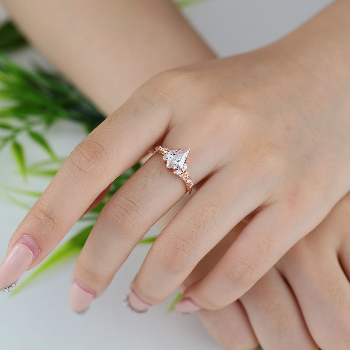 Nature Inspired Solid Gold Kite cut Moissanite Leaf Engagement Ring