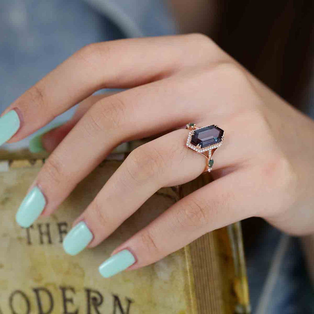 Nature Inspired Hexagon cut Lab Alexandrite Engagement Ring