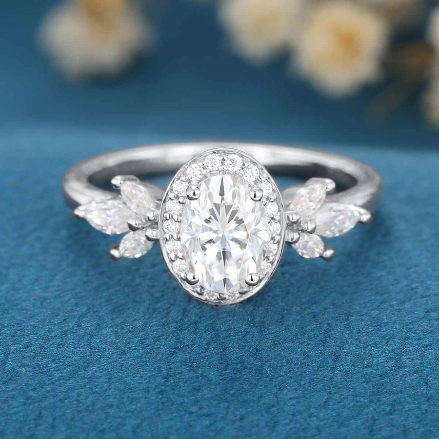 Oval cut Moissanite Halo Engagement ring