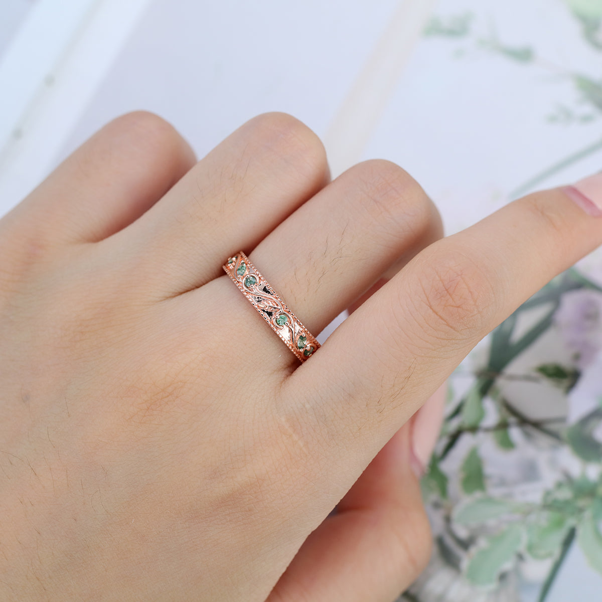 Luxury Men's Moss Agate Engagement Band - Solid gold men ring