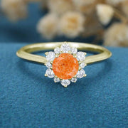 5mm Round cut Sunstone Flower Halo Engagement ring