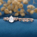 Pear Cut Moissanite Engagement ring + Marquise Moss agate Wedding Bridal Set