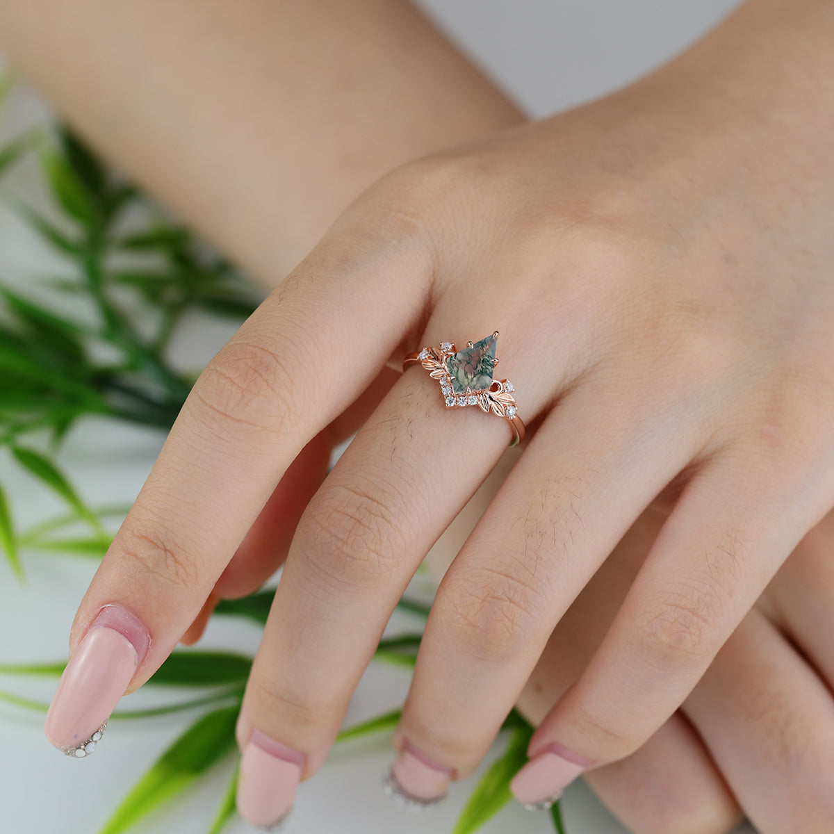 Nature Inspired Kite cut Moss Agate Leaf Gold Engagement Ring