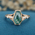 Coffin cut Moss Agate Solid Gold Engagement Ring