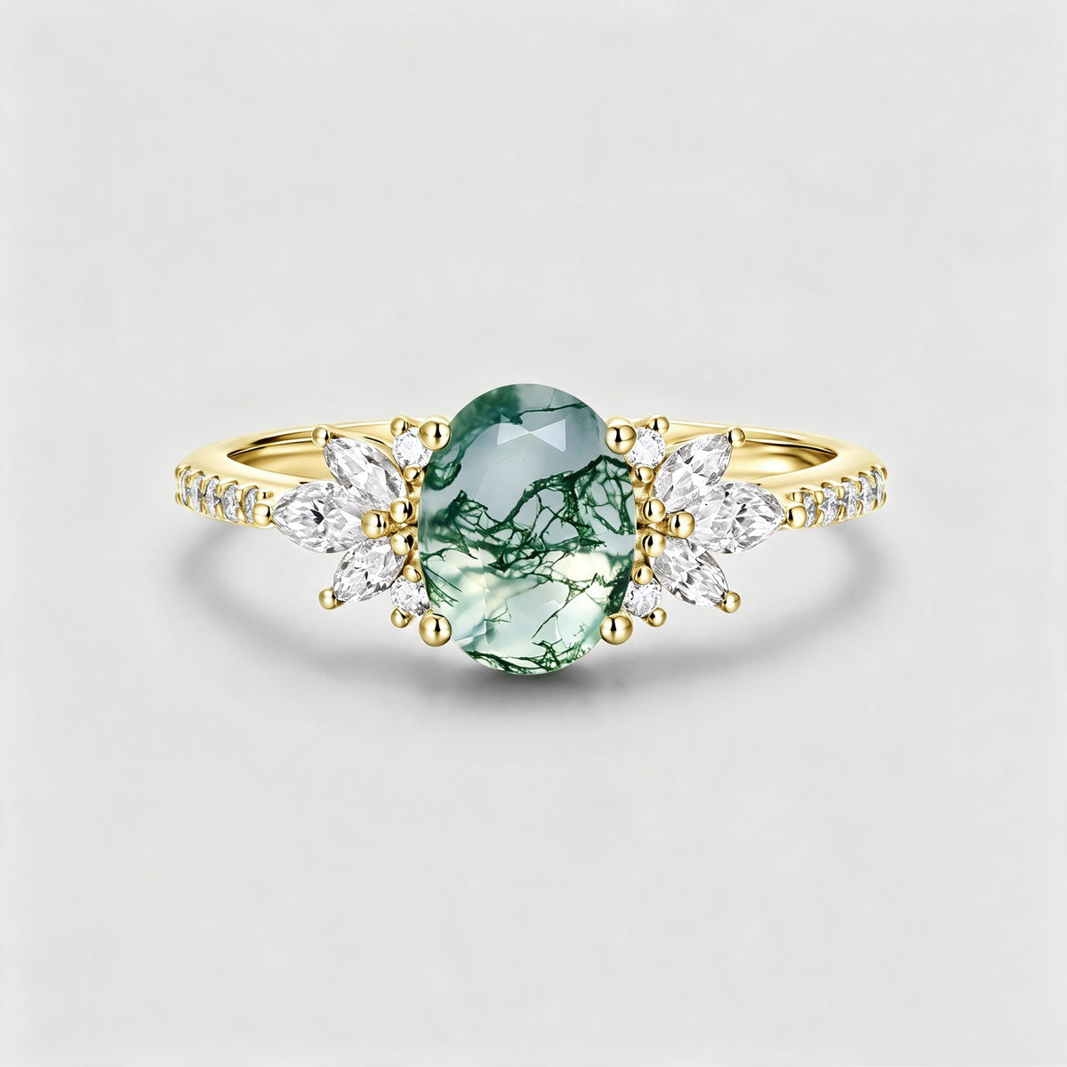 Oval Cut Natural Green Moss Agate Stone Cluster Engagement Rings