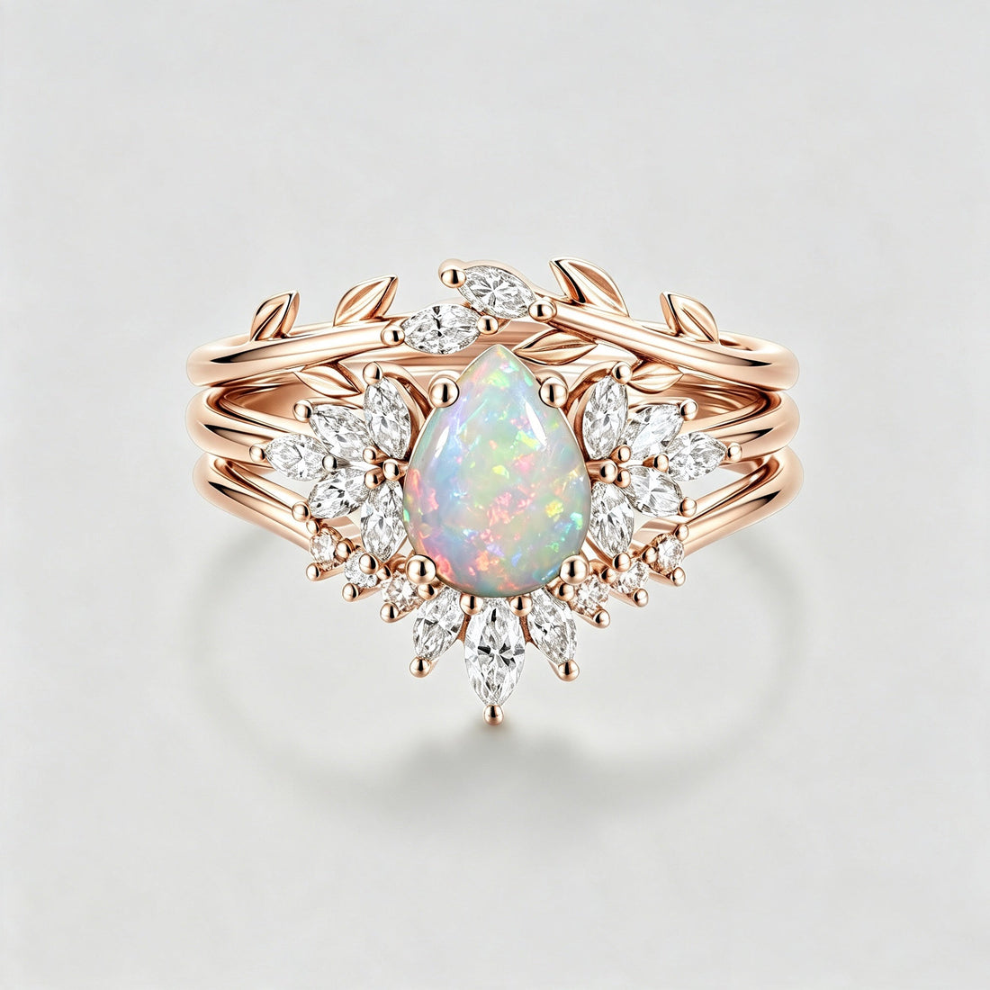 3PCS Pear cut Opal Engagement ring Bridal Set