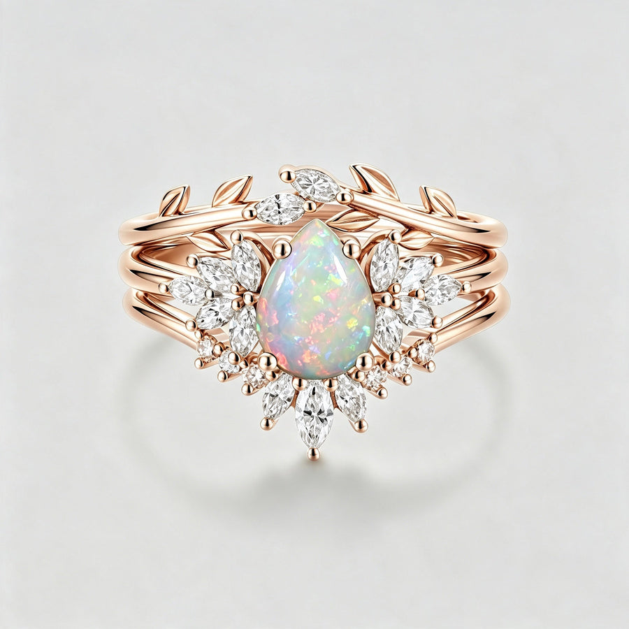 3PCS Pear cut Opal Engagement ring Bridal Set