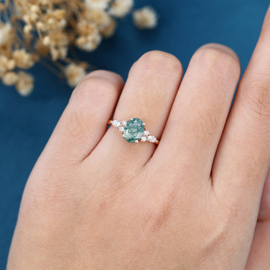 Natural Green Moss Agate Oval cut cluster Engagement Ring