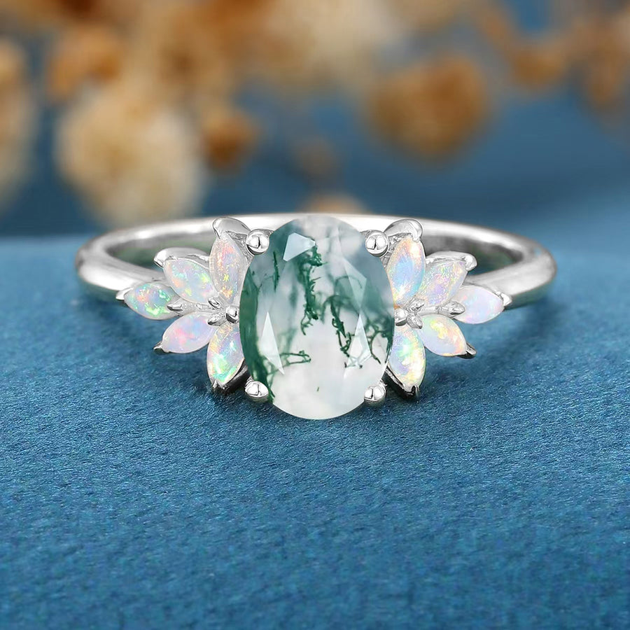 Oval Cut Natural Green Moss Agate Cluster Engagement Ring