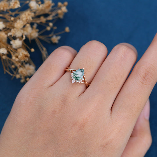 Pear Cut Natural Green Moss Agate Cluster Engagement Ring 