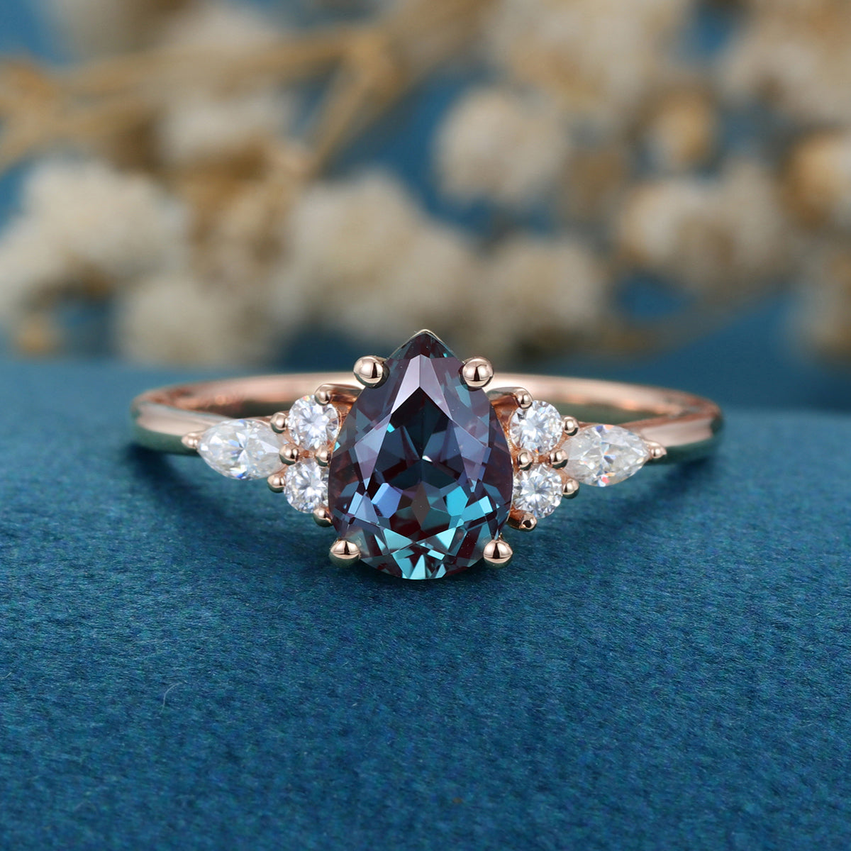 Pear shaped Lab Alexandrite Cluster Engagement ring