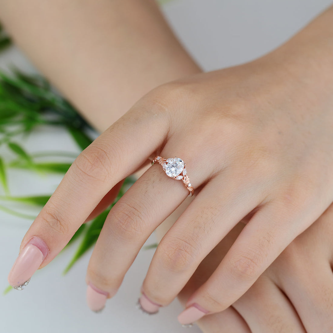 Nature Inspired Oval cut Moissanite Leaf Gold Engagement Ring