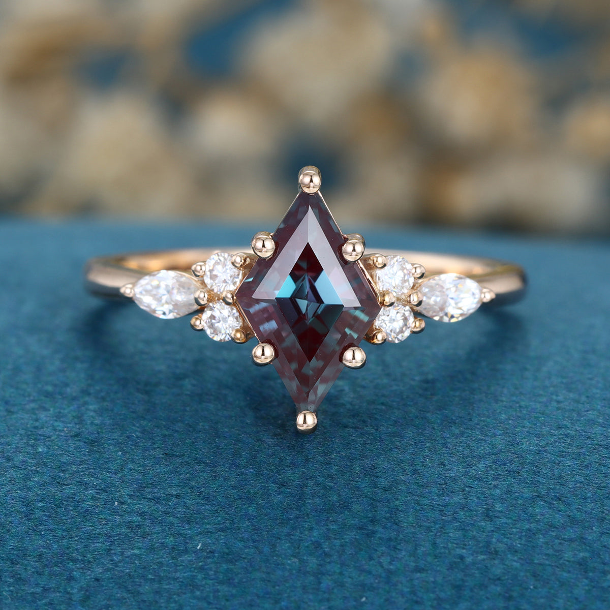 Lozenge cut Lab Alexandrite Solid Gold Engagement Ring