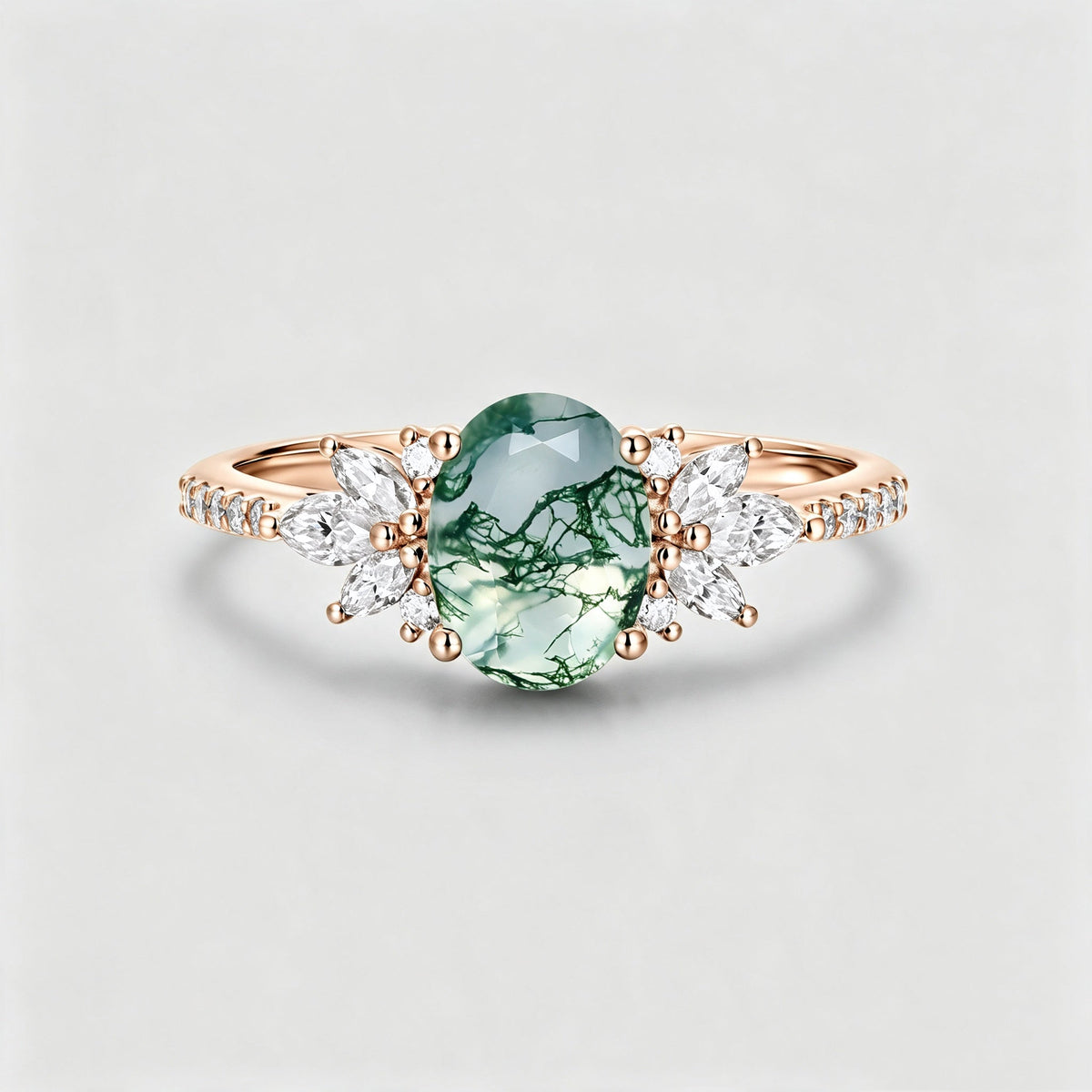 Oval Cut Natural Green Moss Agate Stone Cluster Engagement Rings